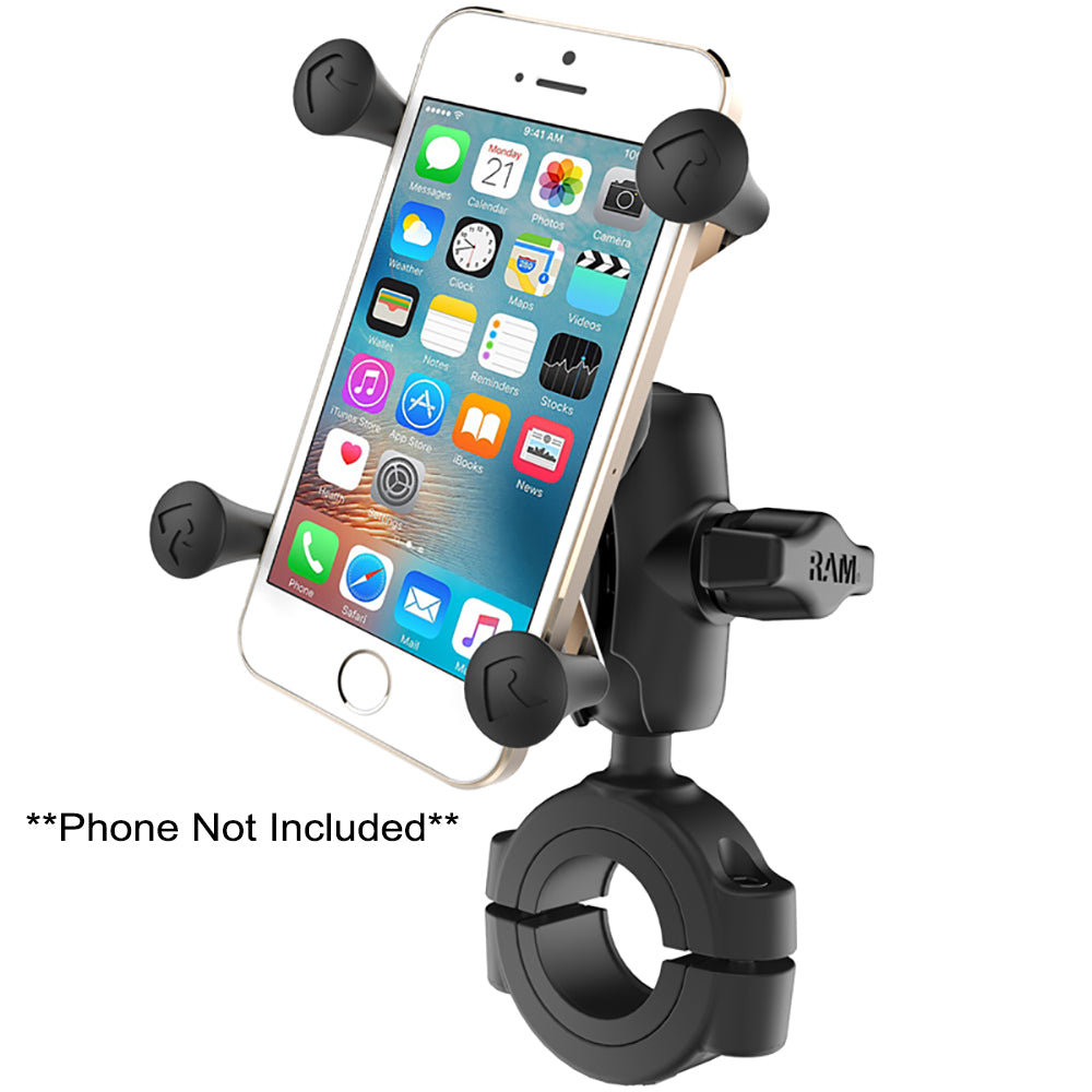 RAM Mount RAM Torque 1 1/8" - 1 1/2" Diameter Handlebar/Rail Base with B Size 1" Ball, Short Arm and X-Grip for Phones