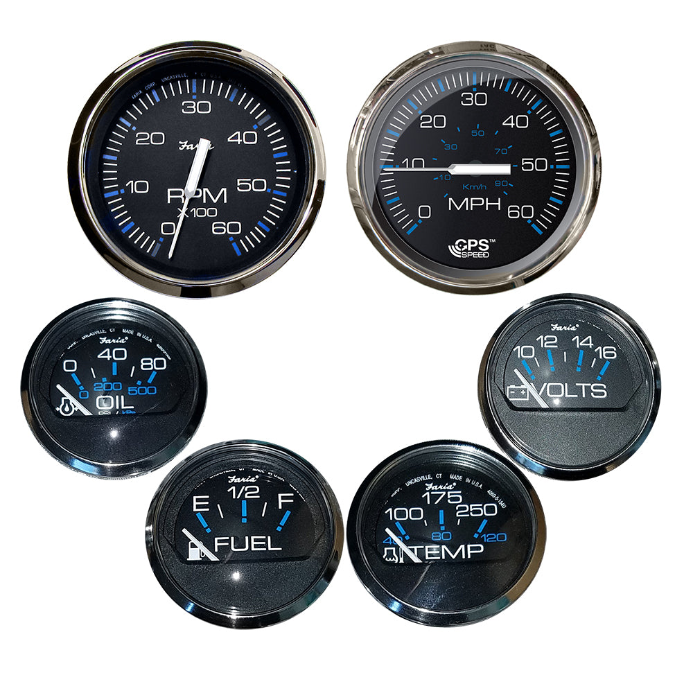 Faria Chesapeake Black w/Stainless Steel Bezel Boxed Set of 6 - Speed, Tach, Fuel Level, Voltmeter, Water Temperature Oil PSI - Inboard Motors
