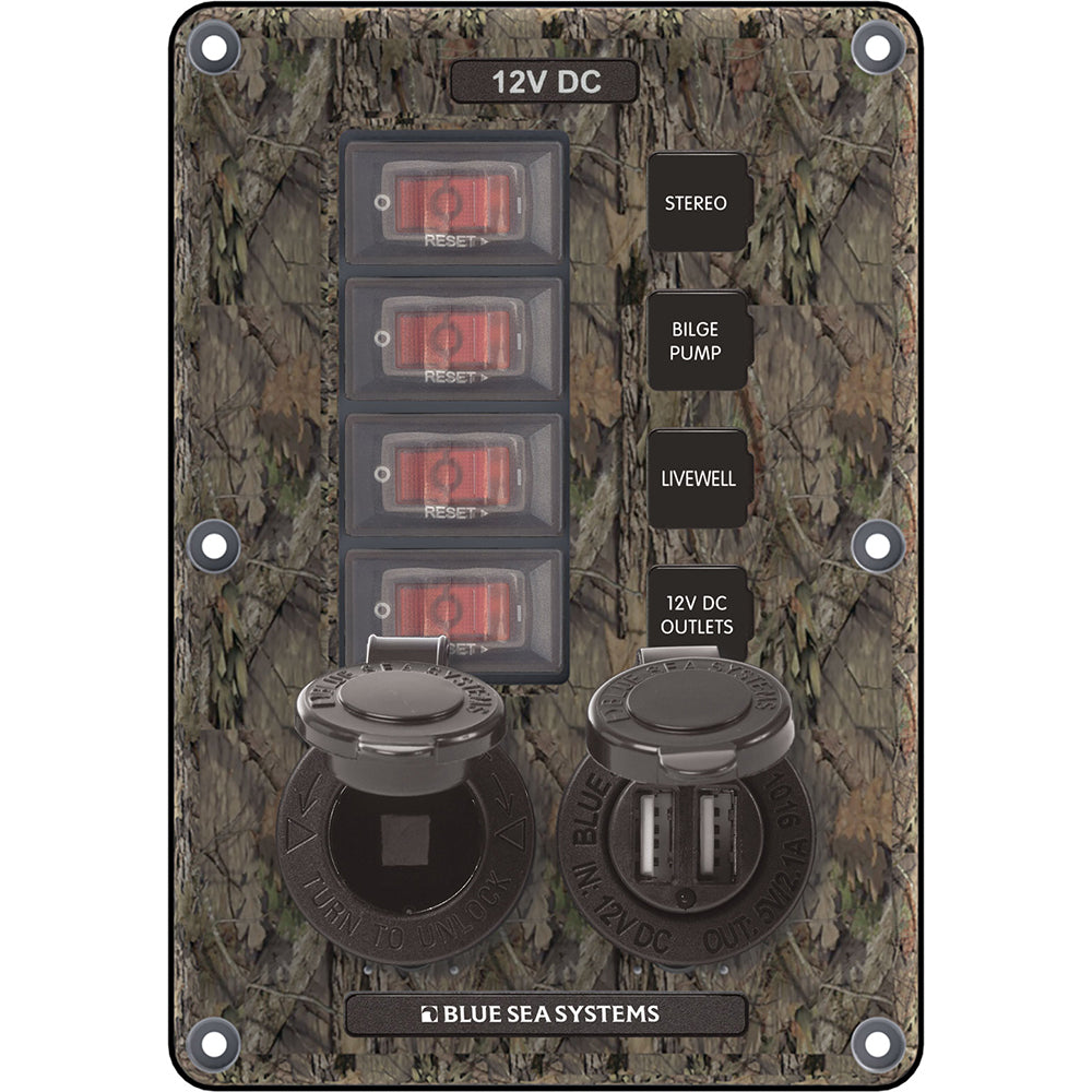 Blue Sea 4324 Circuit Breaker Switch Panel 4 Postion - Camo w/12V Socket Dual USB