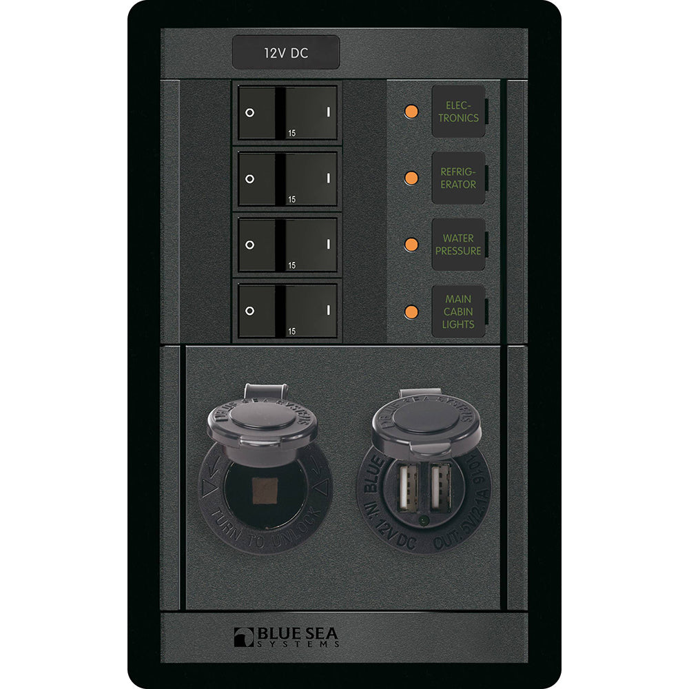 Blue Sea 1495 - 360 Panel - 4 Position 12V w/Dual USB 12V Socket