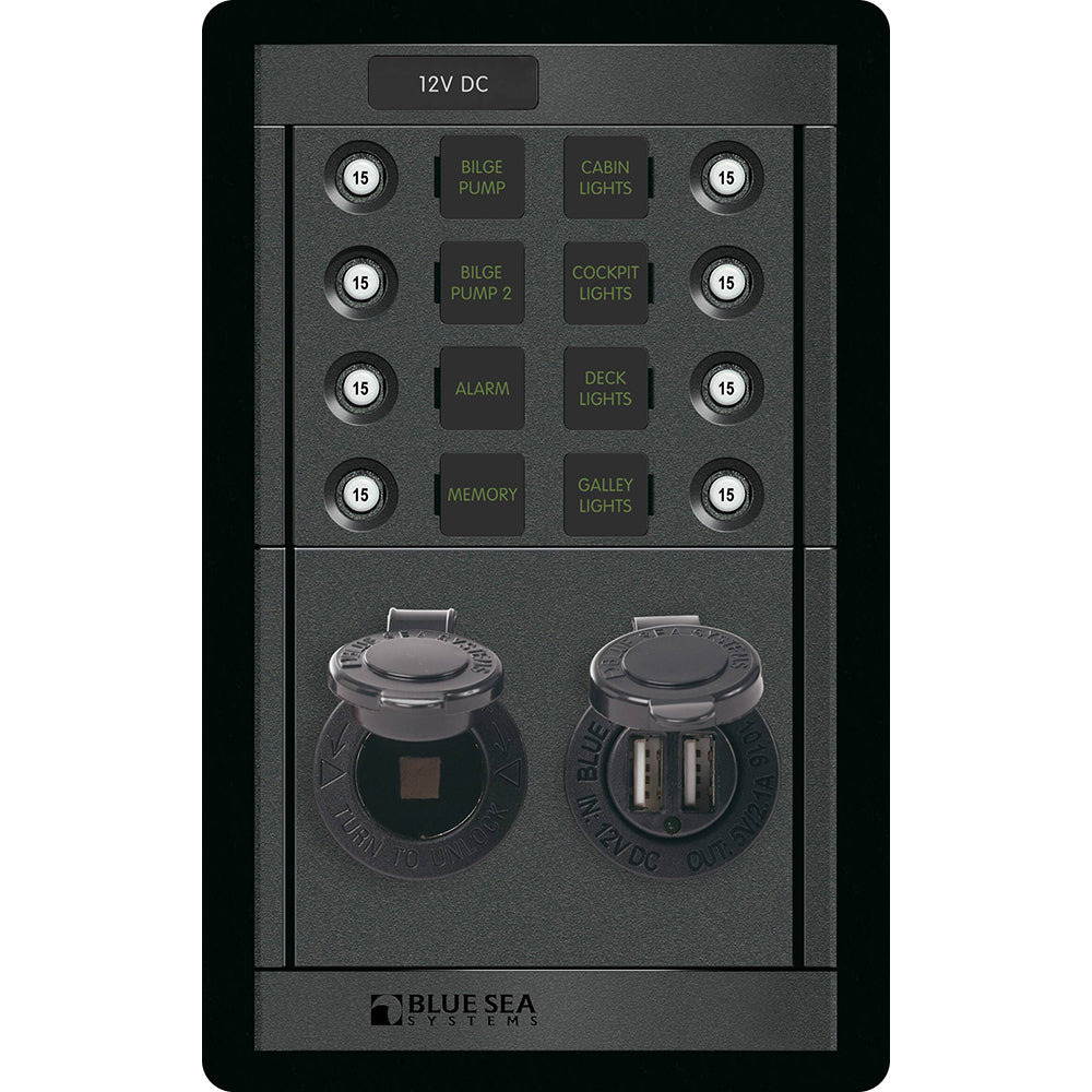 Blue Sea 1498 - 360 Panel - 8 Position 12V Panel w/Dual USB 12V Socket