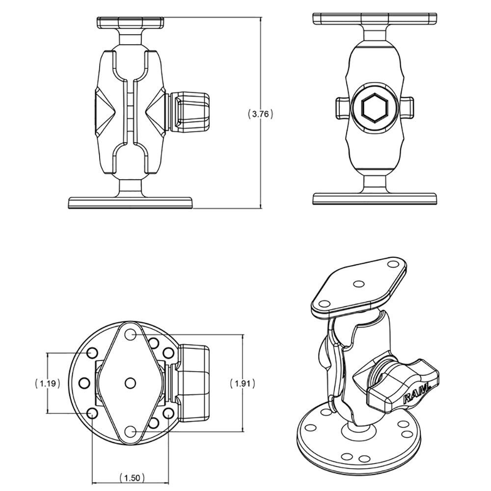 RAM Mount Flat Surface Mount Short Arm w/Diamond Base