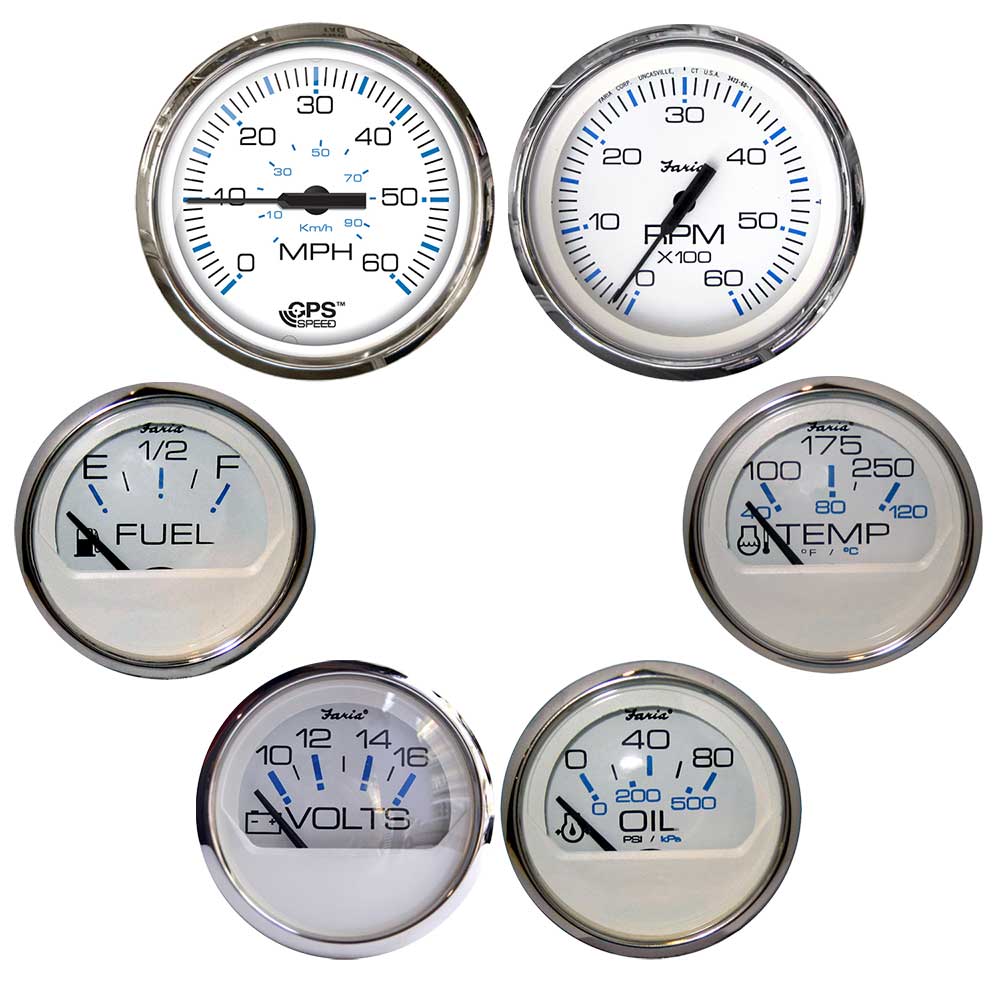 Faria Chesapeake White w/Stainless Steel Bezel Boxed Set of 6 - Speed, Tach, Fuel Level, Voltmeter, Water Temperature  Oil PSI - Inboard Motors