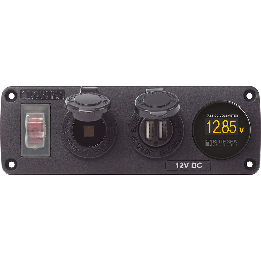 Blue Sea 4366 Water Resistant USB Accessory Panel - Circuit Breaker, 12V Socket, Dual USB Charger, Mini Voltmeter