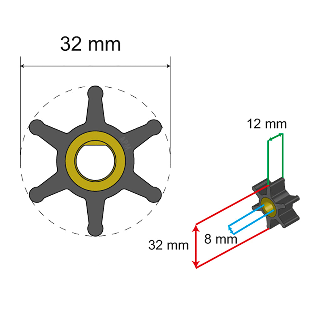 Albin Group Premium Impeller Kit - 32 x 8 x 12mm - 6 Blade - Single Flat Insert