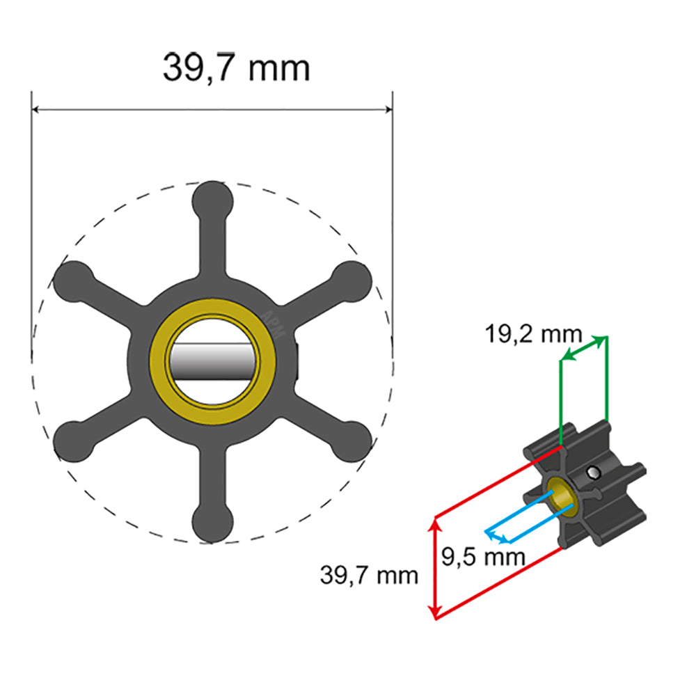 Albin Group Premium Impeller Kit - 39.7 x 9.5 x 19.2mm - 6 Blade - Pin Insert