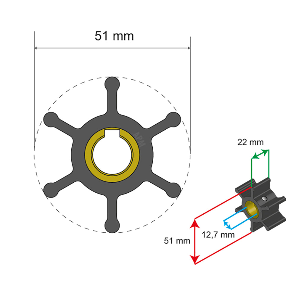 Albin Group Premium Impeller Kit - 51 x 12.7 x 22mm - 6 Blade - Key Insert