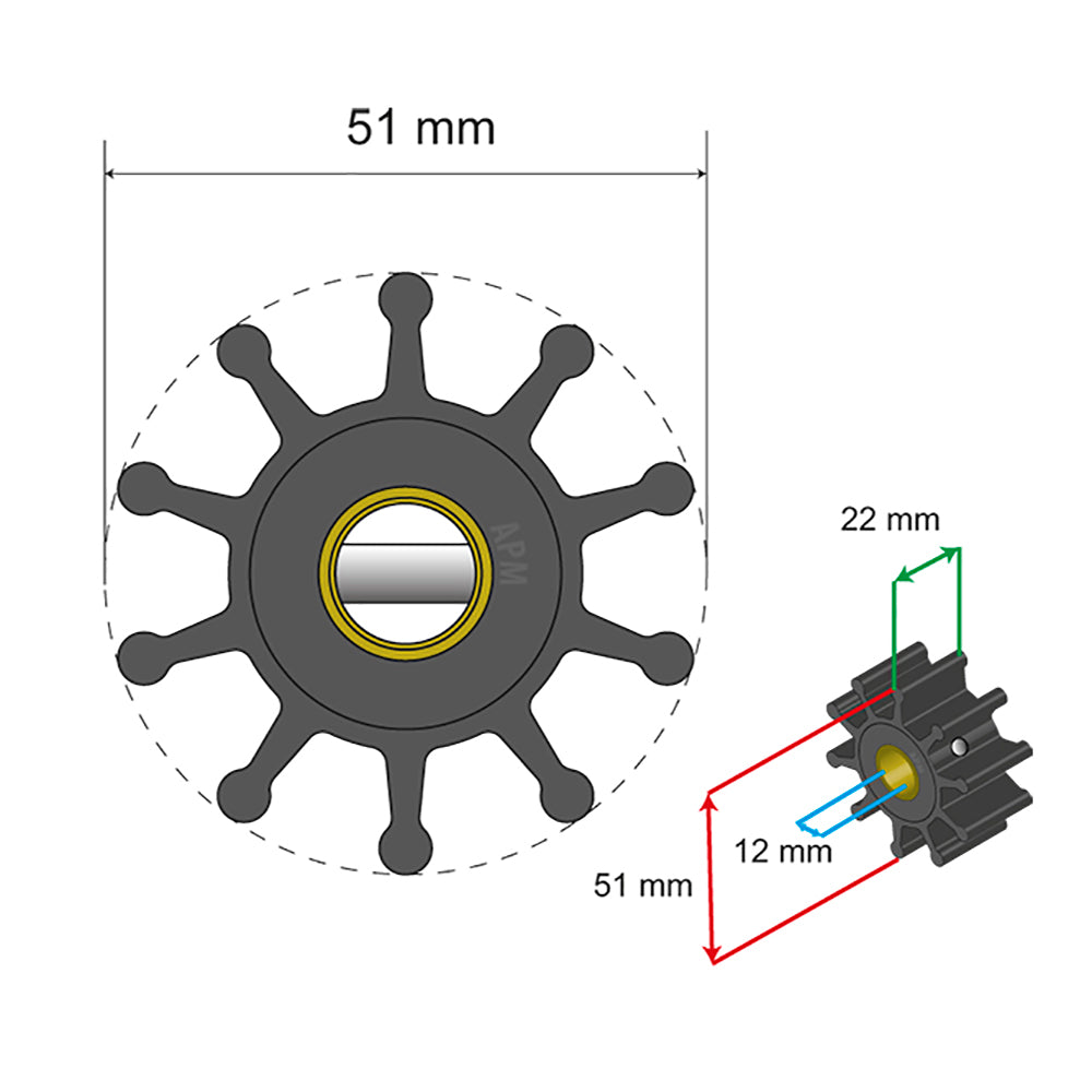 Albin Group Premium Impeller Kit - 51 x 12 x 22mm - 10 Blade - Pin Insert