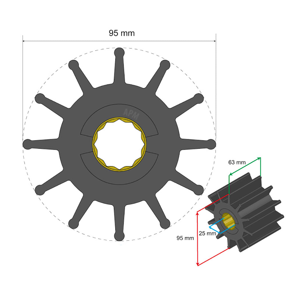 Albin Group Premium Impeller - 95 x 25 x 63mm - 12 Blade - Spline Insert